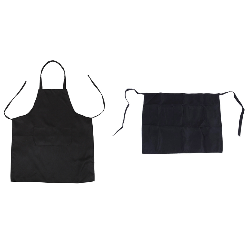 

Unisex 2 Pocket Black Kitchen Apron Bib,  in Medium & Black Half Apron Ladies Mens Chefs Waiter with 2 Pockets
