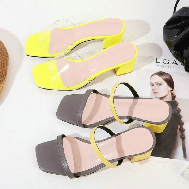 

Sianie Tianie 2020 clear pvc genuine leather sheepskin women's slides sandals yellow woman chunky heels sandals big size 44 46, Dark grey