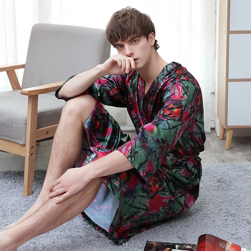 

Print Bathrobe Men Satin Nightwear Kimono Gown Casual Soft Home Clothes Intimate Lingerie Sleepwear Lovers Nightdress Nightgown, Women 6