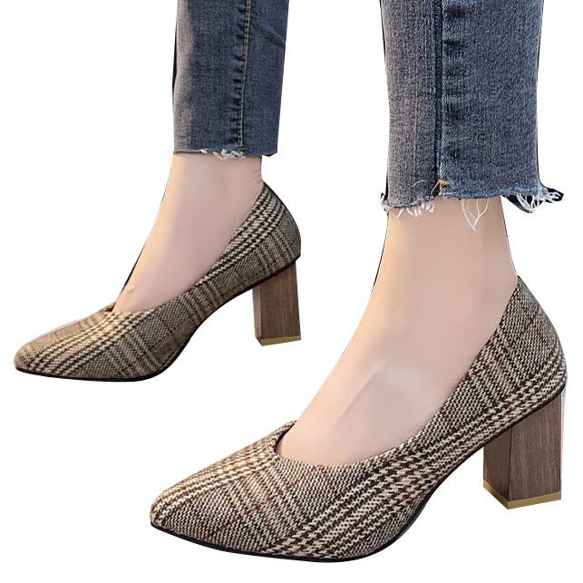 

LIHUAMAO British style plaid cloth high heel shoes for women pumps square heel pointed toe slip on ladies wedding shoes, Black
