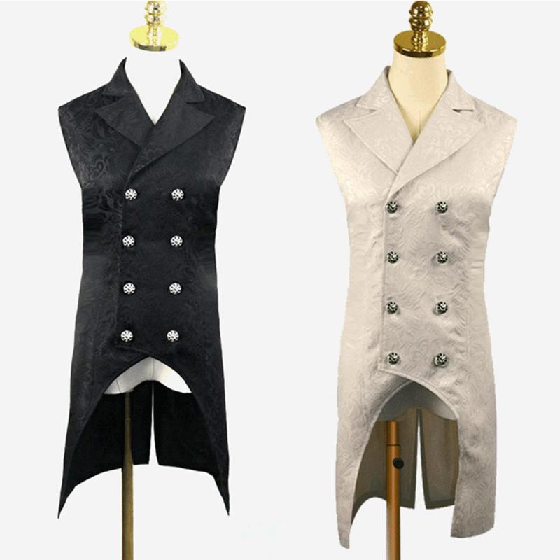 

Vintage Steampunk Medieval Jacket Men Vest Long Coats Gothic Sleeveless Double Breasted Jacquard Waistcoat Male Slim Jackets, Black
