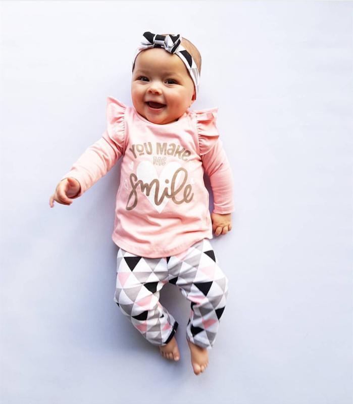 

3Pcs Newborn Baby Girl Spring Fall Clothes Set Long Leeve Letter T-Shirt Geometric Pants Headband Infant Girls Clothing Outfits, Black