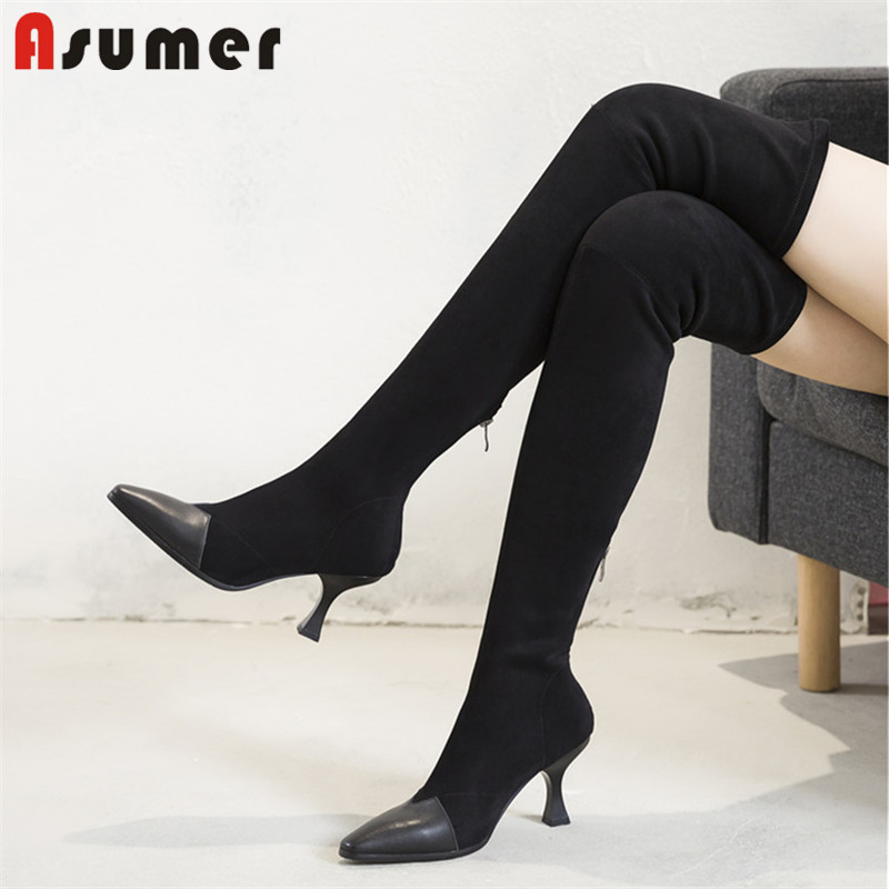

ASUMER 2020 new arrival over the knee boots women genuine leather slim thin heel party wedding shoes ladies stretch boots, Apricot not fur