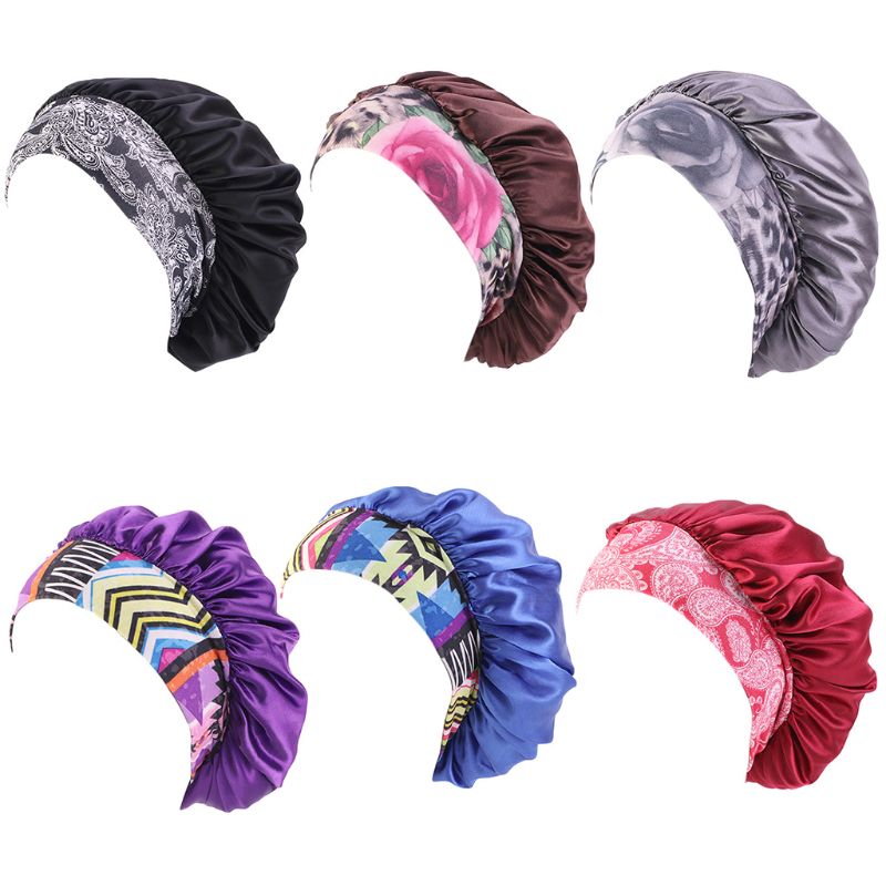

Women Silky Sleep Bonnet Hat Elastic Wide Band Ethnic Floral Night Chemo Cap M7DD
