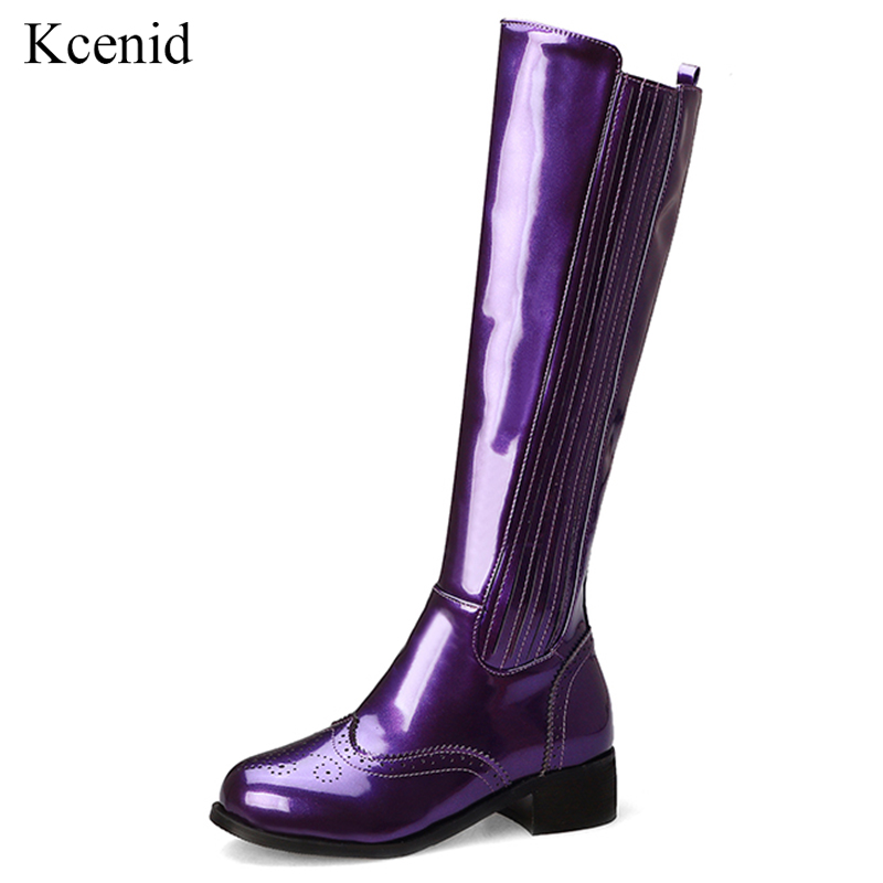 

Kcenid Women knee high boots round toe thick heels PU leather boots winter women fashion zipper shoes purple plus size 33-43, Black