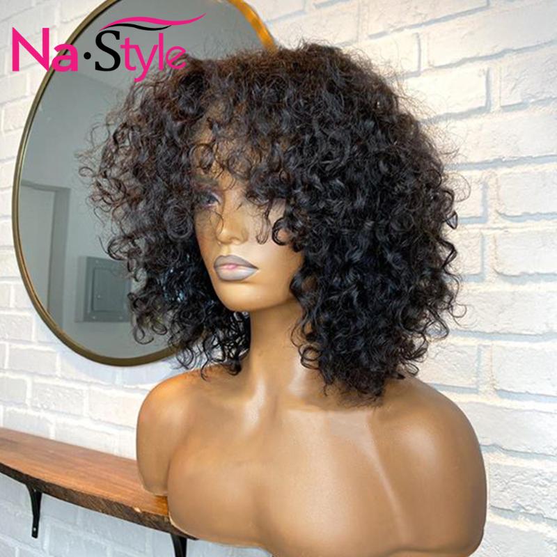 

Pixie Cut Wig Human Hair Glueless Short Bob 13x4 Lace Front Human Hair Wigs Bleached Knots Afro Kinky Curly Wig With Bangs 150%, As pic