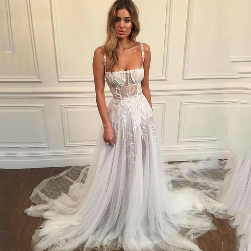 

Sexy Spaghetti Straps A Line Wedding Dress 2020 Vestidos De Novia Lace Bridal Gown Elegant Backless Wedding Gowns Mariage, White