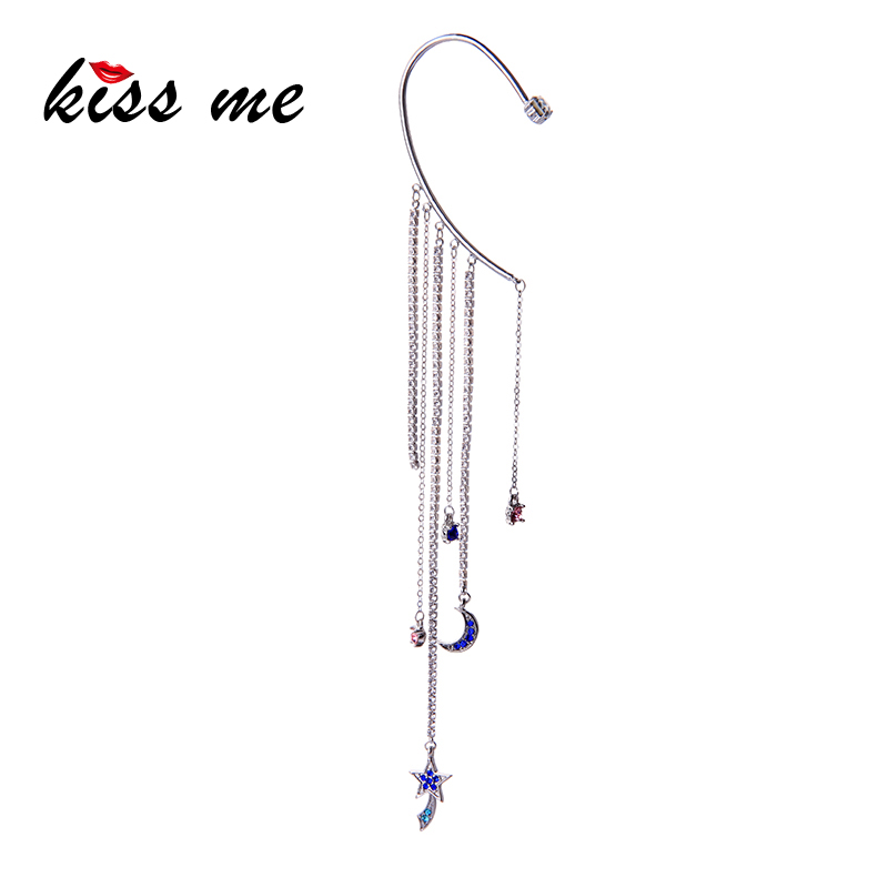 

Kiss Me One Side Ear Hanging Unique Crystal Moon Star Tassel Drop Earring For Women Gift Silver Color Dangle Earring Accessories