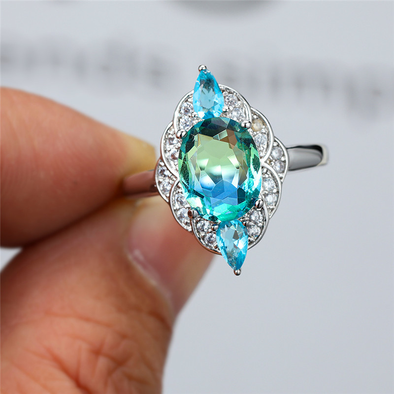 

Luxury Female Crystal Blue Green Stone Ring Vintage Silver Color Wedding Rings For Women Dainty Oval Zircon Engagement Ring