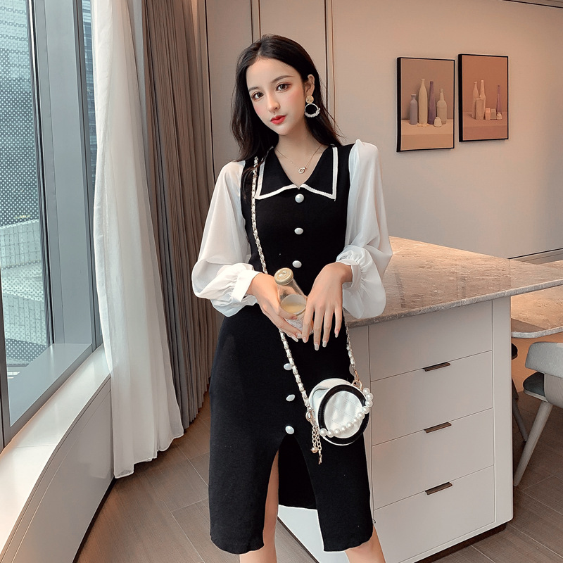 

In autumn the spot to make han edition dress long-sleeved chiffon stitching French knitted dress, Black