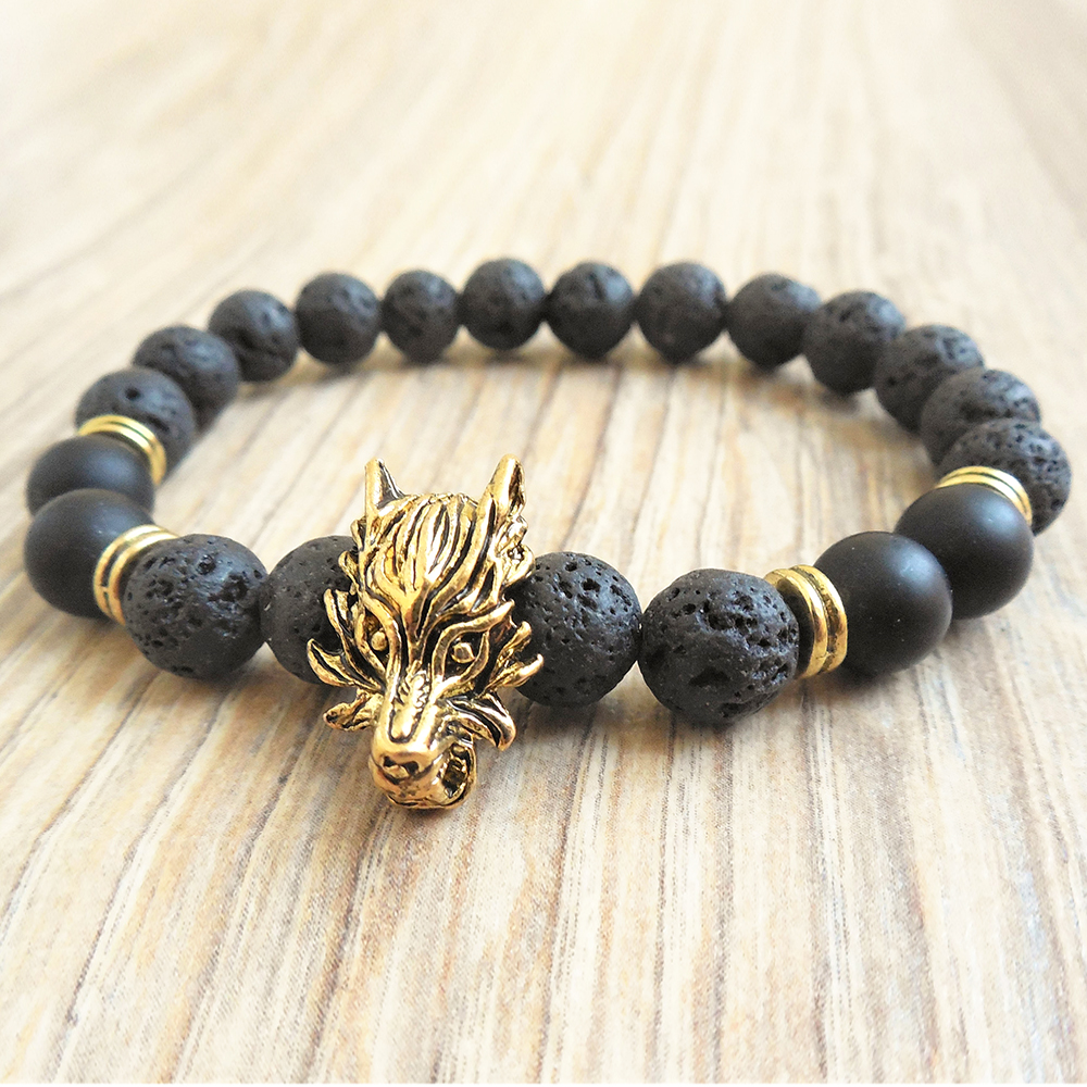 

MG0778 New Design Wolf Head Men`s Bracelet Dragon Vein Agates Bracelet Matte Black Onyx Lava Stone Bracelet
