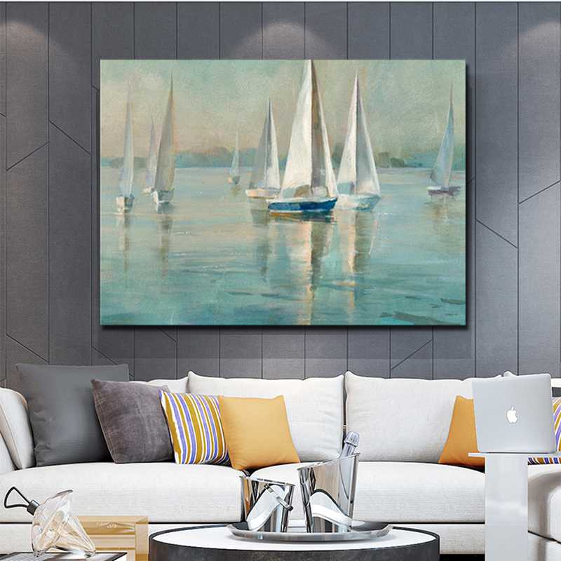 

Drop-shipping Modern Wall Art Canvas Seascape Poster Nordic Wall Picture for Living Room Boat Sea Canvas Painting Unframed