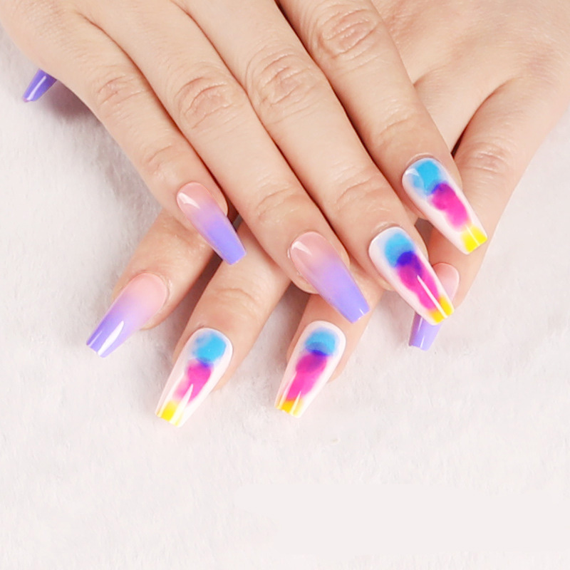 

24pcs Purple Gradient Rainbow Color Ballet Long Coffin Fake Nails Colorful Beauty Fashion wearable full cover fake nail tips, As show