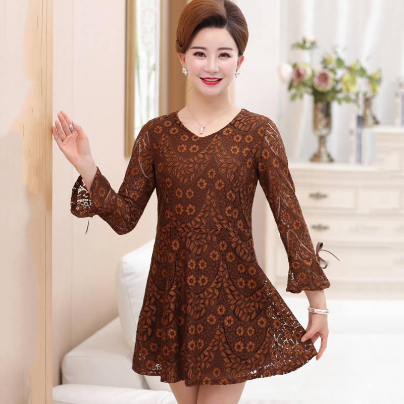 

Vintage Hollow-out Lace Women Mini Dress Elegant Party Female Dress Flare Sleeve Autumn Vestidos Femme Casual Clothes 5XL, Brown