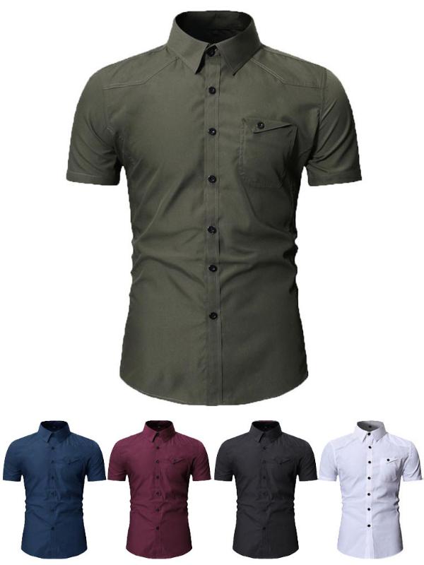 

Men Summer Casual Shirt Slim Button Short Sleeve Dress Shirt Top Blouse Men Clothes Fashion Male camisa masculina, Army green