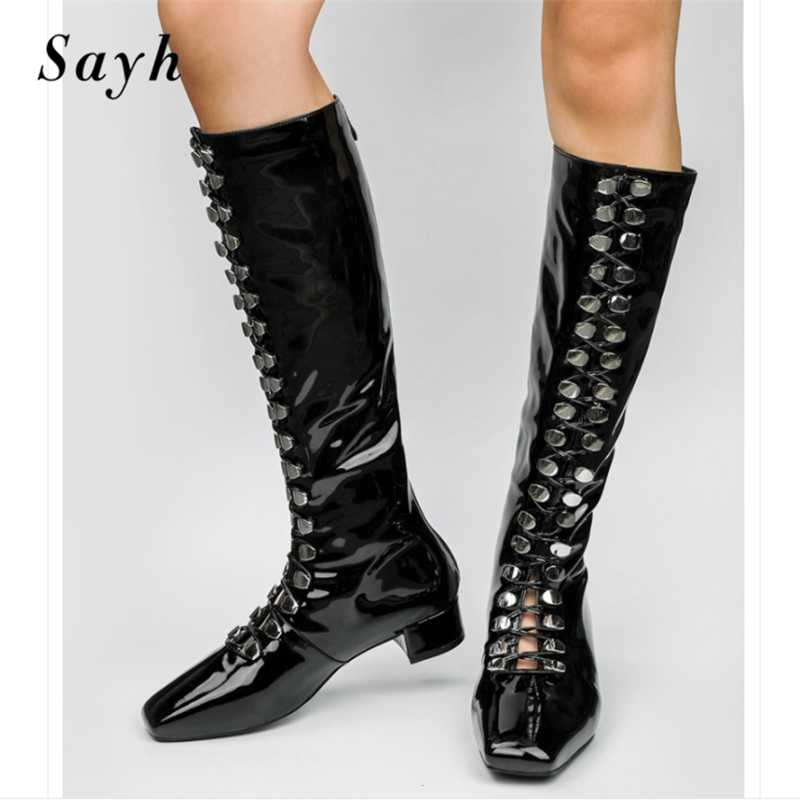 

Female Gladiator Rome Boots Winter Knee High Boots Leather Riding Lace Up Rivet Hollow out Heels Shoes Size Plus, Black