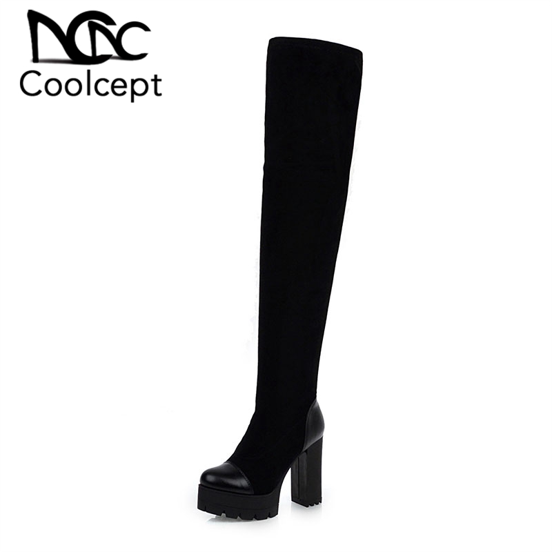 

CoolCept 2020 Size 33-48 Fashion Slip On Sexy Over Knee Boots Square Heel Platform Thick Bottom Long Boots Footwear, Red
