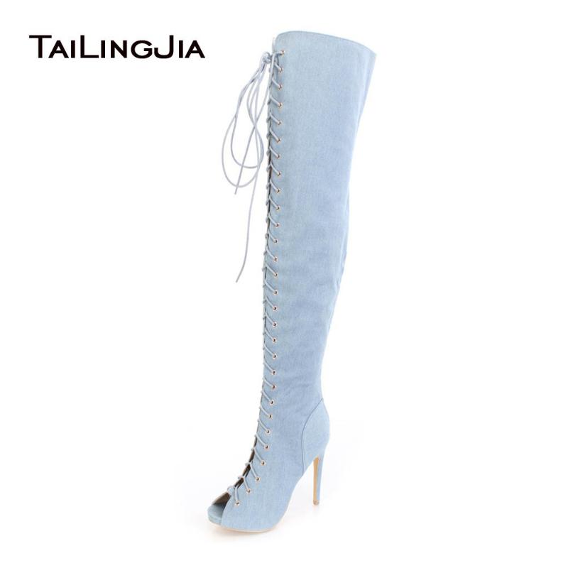 

Women Peep Toe Over the Knee High Denim Boots Lace up Sexy High Heel Thigh Boots Jeans Long with Zipper Large Size, Deep blue