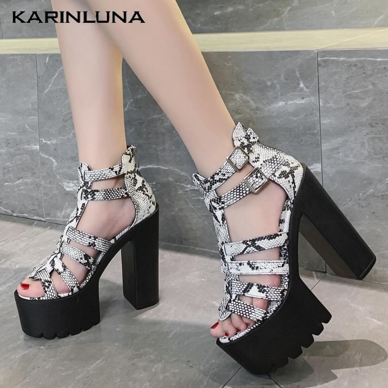 

Karin New Extreme High Square Heels Wholesale Summer Snake Printed Gladiator Platform Shoes Sandals Women, Brown