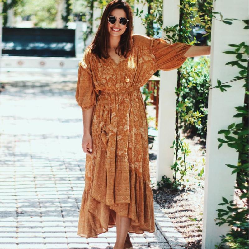 

AYUALIN midi dresses for women Elastic waist ruffles half sleeve Gypsy Dress rayon floral print maxi dresses Autumn boho Vestido, Orange