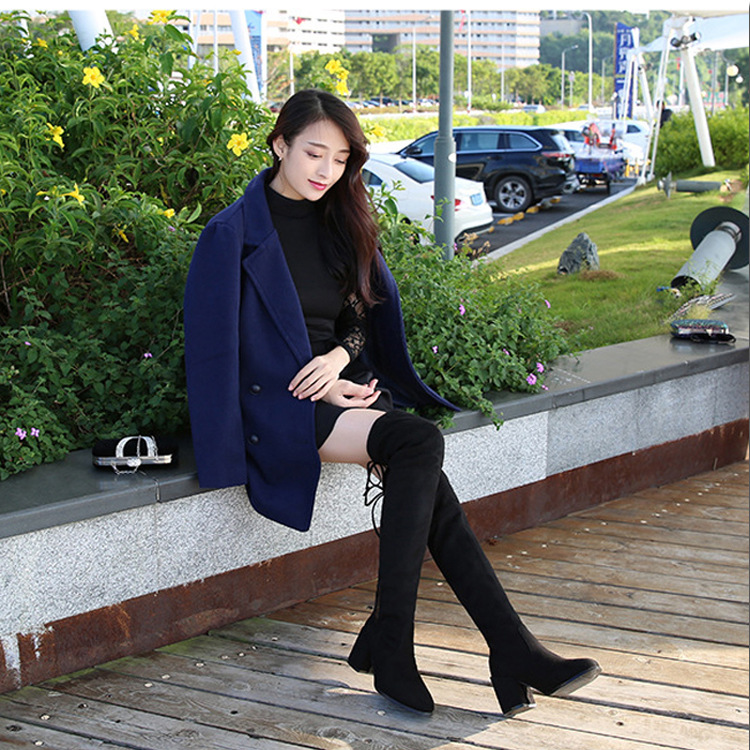 

Round Toe Slip-On Flock Over-the-Knee Long Boots for Women High Solid Autumn Winter Thigh Boots Square Heel Butterfly-knot Shoes, Black