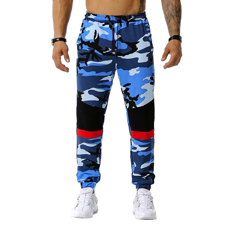 

New Fashion Men Sport Casual High Waist Patchwork Camouflage Jogging Pants Long Exercise Workout Pencil Pants, Blue