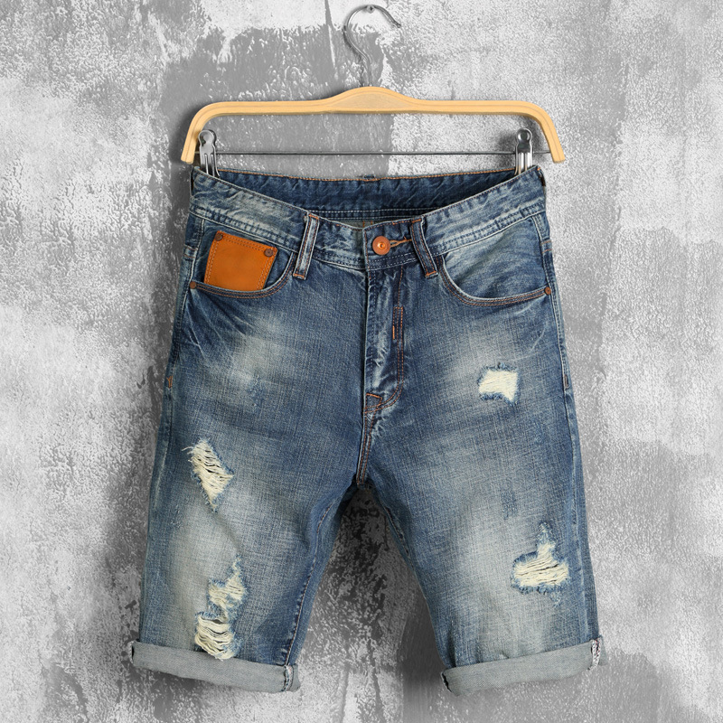 

Summer denim shorts male hole nostalgic Shorts Denim men trousers large size cowboy fashion Brand-clothing Short Homme 221, 221 blue