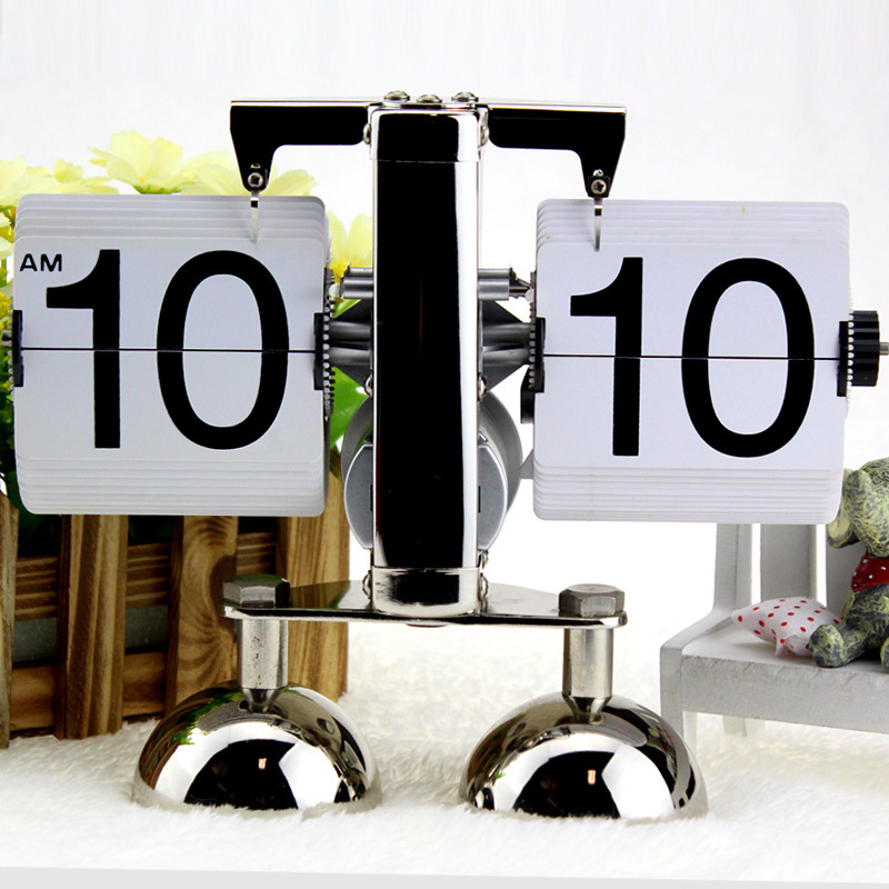 

Rantion Table Clock Small Scale Retro Flip Over Desk Clocks Stainless Steel Flip Internal Gear Operated Quartz Clock
