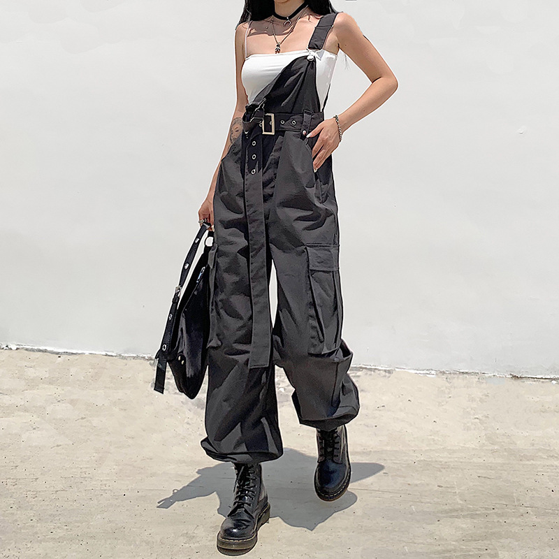 QNPQYX New Autumn Streetwear Loose Cargo Jumpsuit Women Suspender Pockets Overalls Pants with Belt Fashion Solid Long Jumpsuits dropshipping-image-575388294