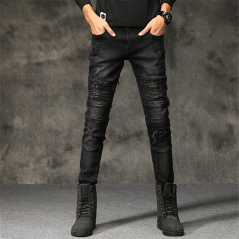 

Fashion Streetwear Mens Jeans Destroyed Ripped Design Pencil Pants Skinny Trousers Men Full Length Jeans Men Pants, Black