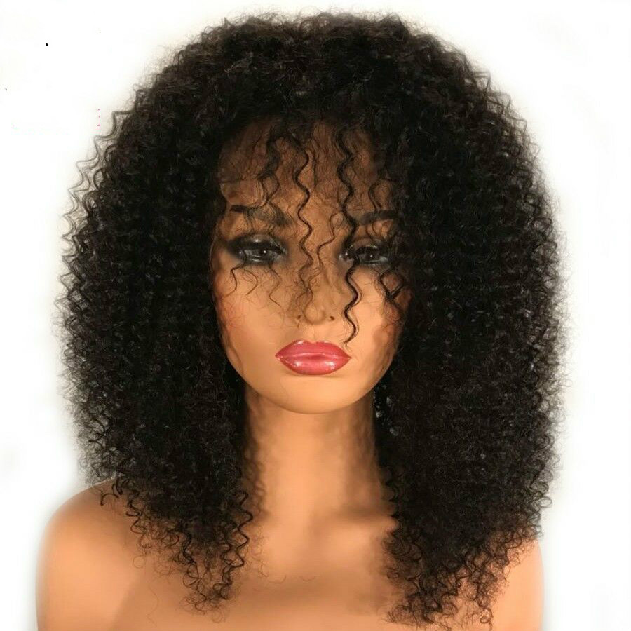 

Afro Kinky Curly Human Hair Wig with Bangs 150% Density Mongolian Remy Human Hair Full Lace Front Wigs 13x6 Free Deep Part Black, Natural black