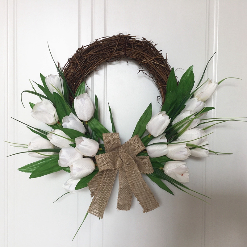 

16inch White Artificial Tulip Wreath Flower Wreaths for Front Door Home DéCor for Window Wall Party Hanging Decor, As shown