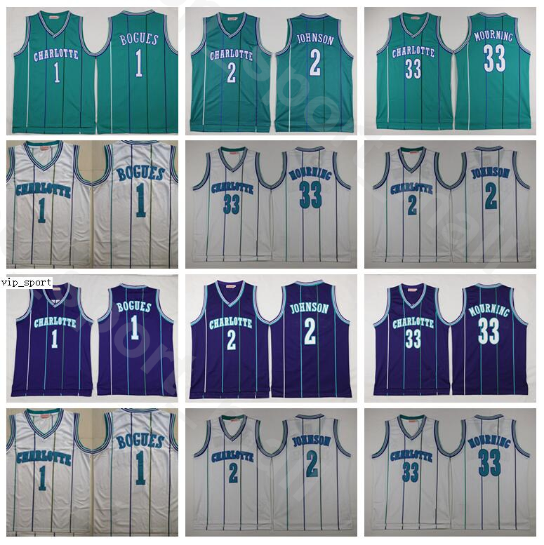 

Men Basketball Alonzo Mourning Jerseys Tyrone Muggsy Bogues Larry Johnson Vintage All Stitched Purple Green White Home Uniform High Quality, 1 purple