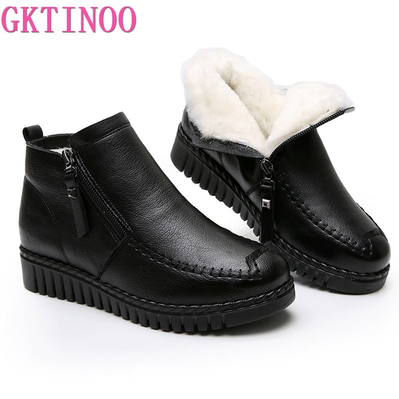 

GKTINOO 2020 Women Snow Boots Winter Flat Heels Ankle Boots Women Warm Platform Shoes Genuine Leather Thick Wool Fur Booties, 2810 black