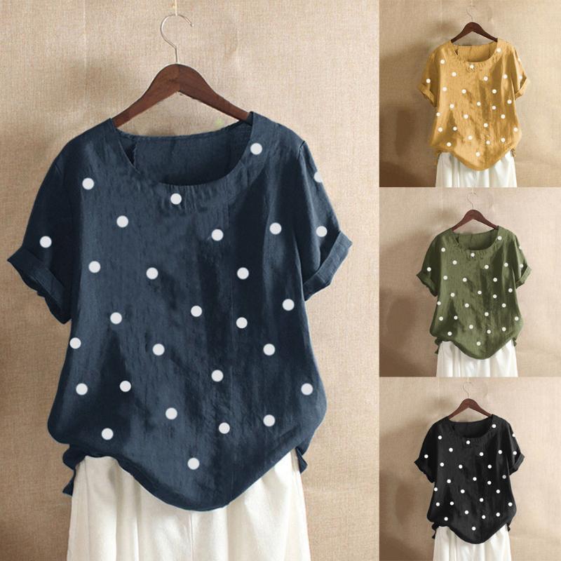 

40# Women Casual Plus Size O-Neck Dot Printed Loose Button Tunic Shirt Blouse Tops Casual Loose Chemise Femme Blusas Mujer, Green