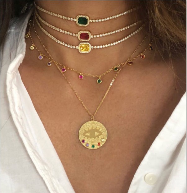 

Gold color Big Round Coin necklace 41+5cm chain engraved evil eye rainbow cz fashion classic jewelry collar