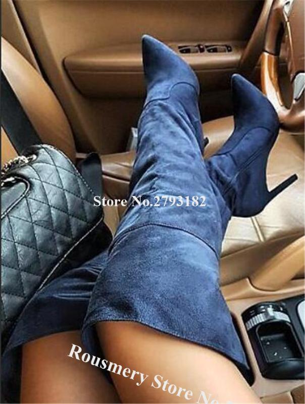 

Women Sexy Pointed Toe Suede Leather Stiletto Heel Over Knee Boots Blue Grey Black Slim Long High Heel Boots Dress Shoes, As picture