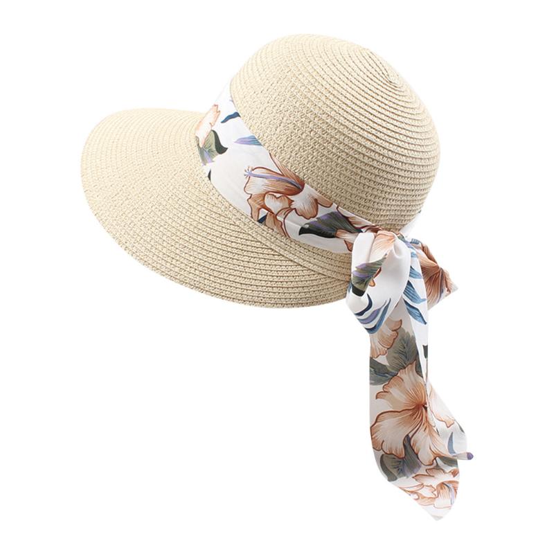 

SAGACE Women Beach Straw Hat Female Summer Flower Cloth Bow Visor Foldable Seaside Sunscreen Fisherman Hat New Fashion, White
