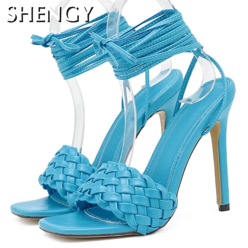 

2020 Fashion Women's High Heel Sandals Sexy Ankle Wrap Heels Shoes Women Lace Up Sandals Summer Ladies Date Heeled, Blue