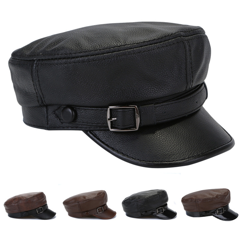 

Hat leather hat autumn and winter men's and women's leather peaked cap flat top student British motorcycle, Black