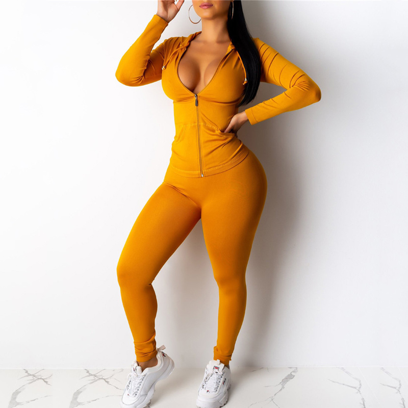 

Women' Tracksuits 2Pieces Spring Autumn Solid Color Yoga Set Long Sleeve Hoodies Sweatshirt+Sports Pants Leggings Sportswear, Black