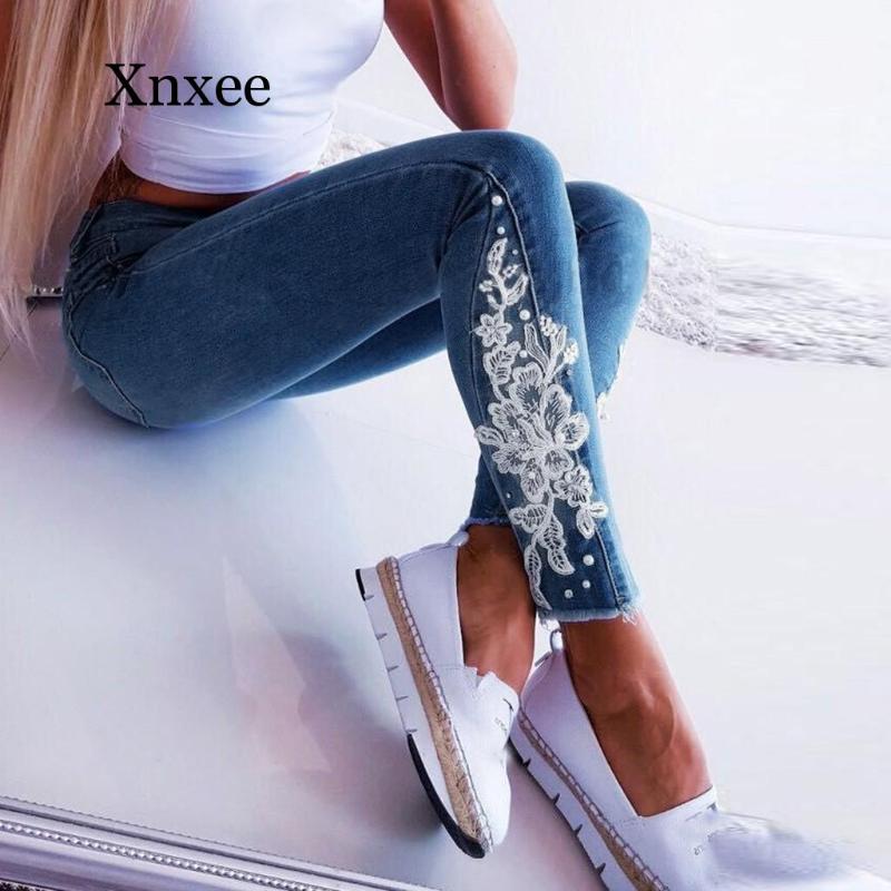 

blue flower ripped hole fashion Jeans Women High Waist Skinny Pencil Blue Denim Pants women washed beached stretch elastic jeans