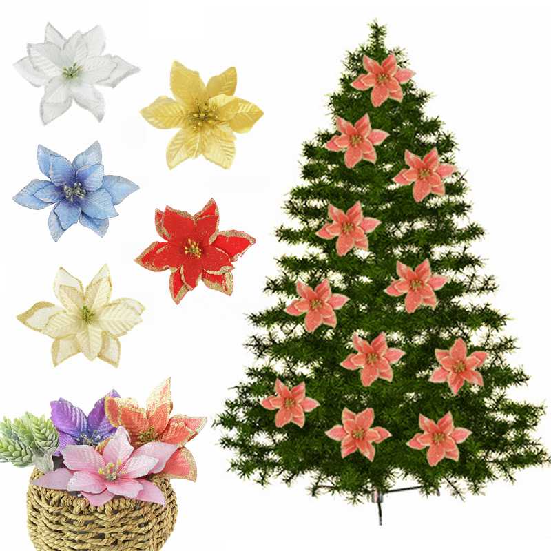 

10pcs/lot Glitter Artificial Flowers 12cm Christmas Tree Flower Ornament for Wedding Christmas Party DIY Scrapbooking Decoration, A04
