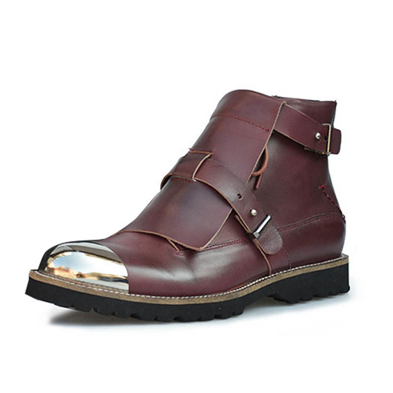 

Punk Ankle Boots Metal Toe Fashion Cow Genuine Leather Zipper Mens Shoes Male Sapato Masculino Couro Large Size Round Toe Black