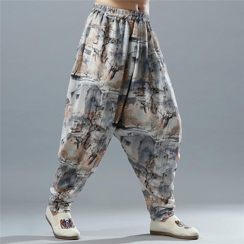 

Men Yoga Pant Cotton Linen Nepal Harem Hippie Wide Leg Loose Sweatpant Bloomer Baggy Leisure Jogger Running Workout Track Pant, Grey