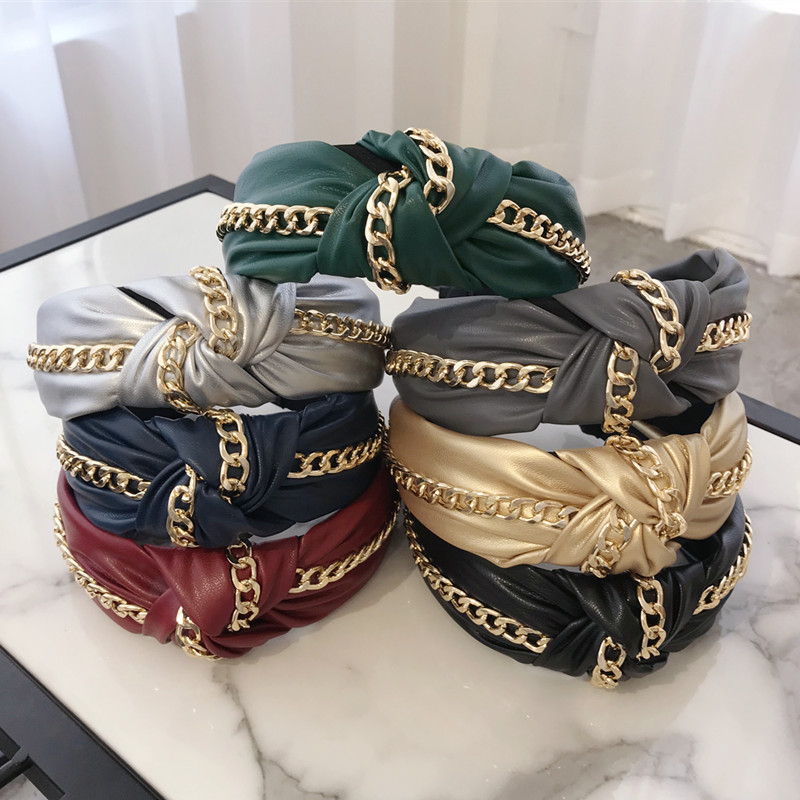 

2020 Punk Gold Chain Hair Bands Fashion Trendy PU Leather Cross Headbands for Women Classic Hair Hoop Bezel Bands Wholesale