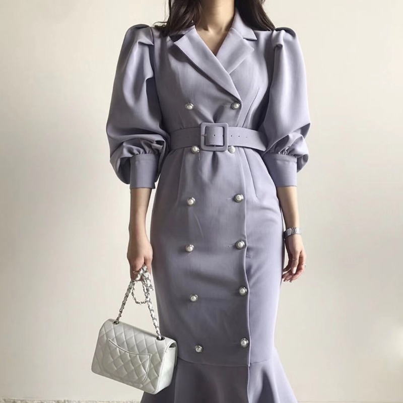 

Chic Pearl Button Ladies Midi Dress Tunic Puff Sleeve French Dress Women Purple High Waist Women's Work Mermaid Dresses 2020, Black