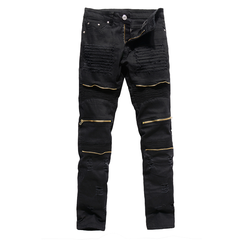 

Men's Skinny Black Jeans High Street Style Men Pleated zipper Denim Long Jeans Men Cotton Elastic Slim