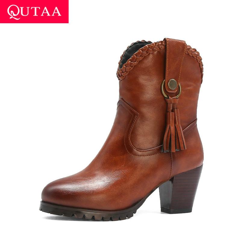 

QUTAA 2021 Tassel Slip on Women Shoes Autumn Winter PU Leather Ankle Boots Casual Round Toe Square Heel Short Boots Size 34-43, Black