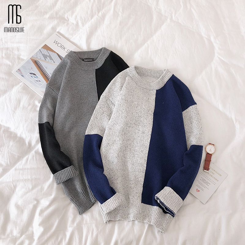 

Manoswe Autumn Winter New Sweater Men Brand Clothing 2020 Hit Patchwork Tops Casual Loose O-Neck Pullover Student Sweater Trend, Blue
